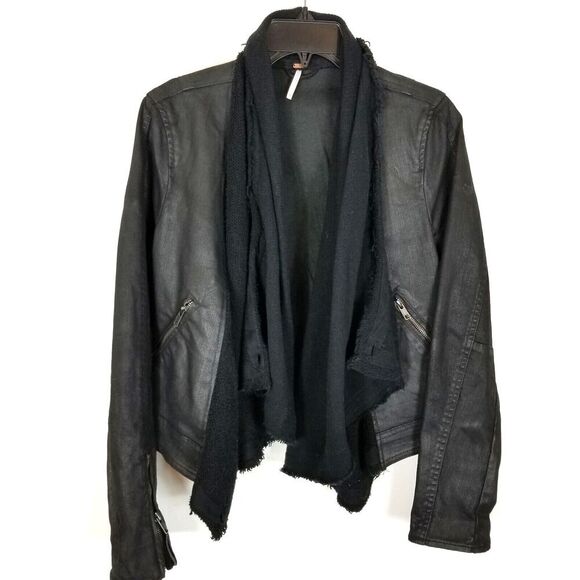 Free People Black Moto Cardi Jacket Sz 4 Waterfall Single Button Front Zip Cuffs - Picture 1 of 8
